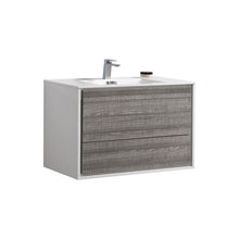 Load image into Gallery viewer, KUBEBATH De Lusso DL36-HGASH 36&quot; Single Wall Mount Bathroom Vanity in Ash Gray with White Acrylic Composite, Integrated Sink, Angled View