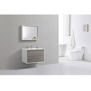 KUBEBATH De Lusso DL36-HGASH 36" Single Wall Mount Bathroom Vanity in Ash Gray with White Acrylic Composite, Integrated Sink, Rendered Angled View