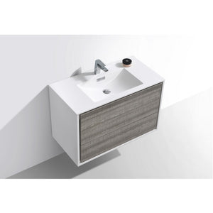 KUBEBATH De Lusso DL36-HGASH 36" Single Wall Mount Bathroom Vanity in Ash Gray with White Acrylic Composite, Integrated Sink, Top Angled View
