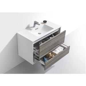 KUBEBATH De Lusso DL36-HGASH 36" Single Wall Mount Bathroom Vanity in Ash Gray with White Acrylic Composite, Integrated Sink, Open Drawers