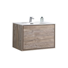 Load image into Gallery viewer, KUBEBATH De Lusso DL36-NW 36&quot; Single Wall Mount Bathroom Vanity in Nature Wood with White Acrylic Composite, Integrated Sink, Angled View
