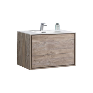 KUBEBATH De Lusso DL36-NW 36" Single Wall Mount Bathroom Vanity in Nature Wood with White Acrylic Composite, Integrated Sink, Angled View