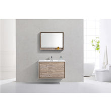 Load image into Gallery viewer, KUBEBATH De Lusso DL36-NW 36&quot; Single Wall Mount Bathroom Vanity in Nature Wood with White Acrylic Composite, Integrated Sink, Rendered Front View