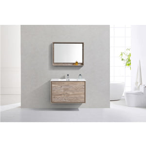 KUBEBATH De Lusso DL36-NW 36" Single Wall Mount Bathroom Vanity in Nature Wood with White Acrylic Composite, Integrated Sink, Rendered Front View