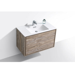 KUBEBATH De Lusso DL36-NW 36" Single Wall Mount Bathroom Vanity in Nature Wood with White Acrylic Composite, Integrated Sink, Top Angled View