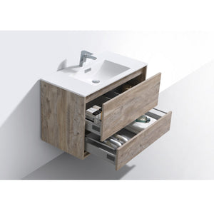 KUBEBATH De Lusso DL36-NW 36" Single Wall Mount Bathroom Vanity in Nature Wood with White Acrylic Composite, Integrated Sink, Open Drawers