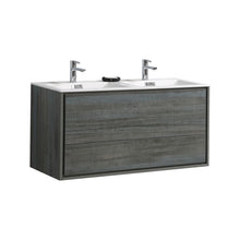 Load image into Gallery viewer, KUBEBATH De Lusso DL48D-BE 48&quot; Double Wall Mount Bathroom Vanity in Ocean Gray with White Acrylic Composite, Integrated Sinks, Angled View