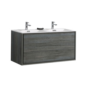 KUBEBATH De Lusso DL48D-BE 48" Double Wall Mount Bathroom Vanity in Ocean Gray with White Acrylic Composite, Integrated Sinks, Angled View