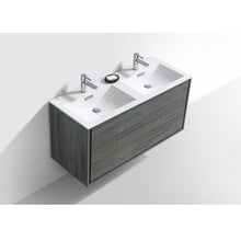 Load image into Gallery viewer, KUBEBATH De Lusso DL48D-BE 48&quot; Double Wall Mount Bathroom Vanity in Ocean Gray with White Acrylic Composite, Integrated Sinks, Top Angled View
