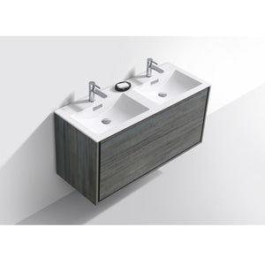 KUBEBATH De Lusso DL48D-BE 48" Double Wall Mount Bathroom Vanity in Ocean Gray with White Acrylic Composite, Integrated Sinks, Top Angled View