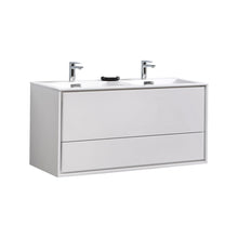 Load image into Gallery viewer, KUBEBATH De Lusso DL48D-GW 48&quot; Double Wall Mount Bathroom Vanity in High Gloss White with White Acrylic Composite, Integrated Sinks, Angled View