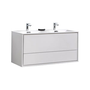 KUBEBATH De Lusso DL48D-GW 48" Double Wall Mount Bathroom Vanity in High Gloss White with White Acrylic Composite, Integrated Sinks, Angled View