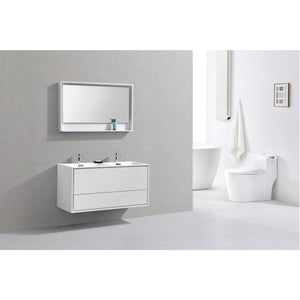 KUBEBATH De Lusso DL48D-GW 48" Double Wall Mount Bathroom Vanity in High Gloss White with White Acrylic Composite, Integrated Sinks, Rendered Angled View