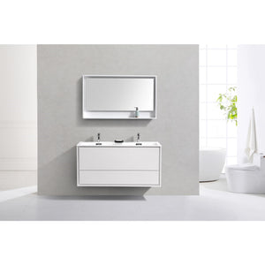 KUBEBATH De Lusso DL48D-GW 48" Double Wall Mount Bathroom Vanity in High Gloss White with White Acrylic Composite, Integrated Sinks, Rendered Front View