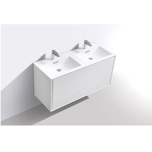 KUBEBATH De Lusso DL48D-GW 48" Double Wall Mount Bathroom Vanity in High Gloss White with White Acrylic Composite, Integrated Sinks, Top Angled View