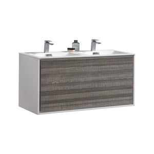KUBEBATH De Lusso DL48D-HGASH 48" Double Wall Mount Bathroom Vanity in Ash Gray with White Acrylic Composite, Integrated Sinks, Angled View