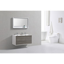 Load image into Gallery viewer, KUBEBATH De Lusso DL48D-HGASH 48&quot; Double Wall Mount Bathroom Vanity in Ash Gray with White Acrylic Composite, Integrated Sinks, Rendered Angled View
