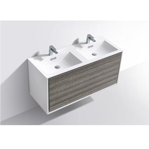 KUBEBATH De Lusso DL48D-HGASH 48" Double Wall Mount Bathroom Vanity in Ash Gray with White Acrylic Composite, Integrated Sinks, Top Angled View