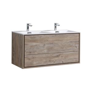 KUBEBATH De Lusso DL48D-NW 48" Double Wall Mount Bathroom Vanity in Nature Wood with White Acrylic Composite, Integrated Sinks, Angled View