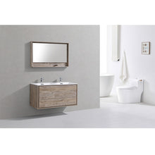 Load image into Gallery viewer, KUBEBATH De Lusso DL48D-NW 48&quot; Double Wall Mount Bathroom Vanity in Nature Wood with White Acrylic Composite, Integrated Sinks, Rendered Angled View