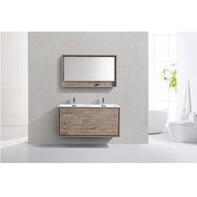 Load image into Gallery viewer, KUBEBATH De Lusso DL48D-NW 48&quot; Double Wall Mount Bathroom Vanity in Nature Wood with White Acrylic Composite, Integrated Sinks, Rendered Front View