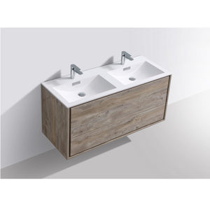 KUBEBATH De Lusso DL48D-NW 48" Double Wall Mount Bathroom Vanity in Nature Wood with White Acrylic Composite, Integrated Sinks, Top Angled View