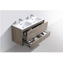 Load image into Gallery viewer, KUBEBATH De Lusso DL48D-NW 48&quot; Double Wall Mount Bathroom Vanity in Nature Wood with White Acrylic Composite, Integrated Sinks, Open Drawers