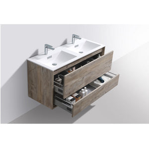 KUBEBATH De Lusso DL48D-NW 48" Double Wall Mount Bathroom Vanity in Nature Wood with White Acrylic Composite, Integrated Sinks, Open Drawers