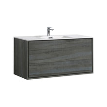 Load image into Gallery viewer, KUBEBATH De Lusso DL48S-BE 48&quot; Single Wall Mount Bathroom Vanity in Ocean Gray with White Acrylic Composite, Integrated Sink, Angled View