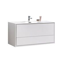 Load image into Gallery viewer, KUBEBATH De Lusso DL48S-GW 48&quot; Single Wall Mount Bathroom Vanity in High Gloss White with White Acrylic Composite, Integrated Sink, Angled View
