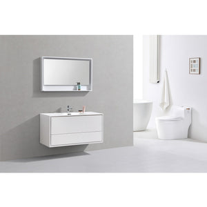 KUBEBATH De Lusso DL48S-GW 48" Single Wall Mount Bathroom Vanity in High Gloss White with White Acrylic Composite, Integrated Sink, Rendered Angled View