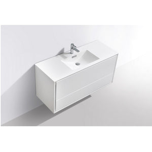 KUBEBATH De Lusso DL48S-GW 48" Single Wall Mount Bathroom Vanity in High Gloss White with White Acrylic Composite, Integrated Sink, Top Angled View