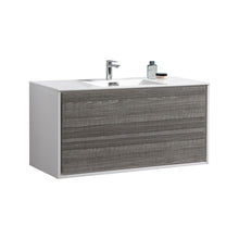 Load image into Gallery viewer, KUBEBATH De Lusso DL48S-HGASH 48&quot; Single Wall Mount Bathroom Vanity in Ash Gray with White Acrylic Composite, Integrated Sink, Angled View