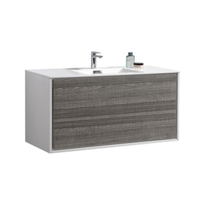 KUBEBATH De Lusso DL48S-HGASH 48" Single Wall Mount Bathroom Vanity in Ash Gray with White Acrylic Composite, Integrated Sink, Angled View