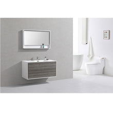 Load image into Gallery viewer, KUBEBATH De Lusso DL48S-HGASH 48&quot; Single Wall Mount Bathroom Vanity in Ash Gray with White Acrylic Composite, Integrated Sink, Rendered Angled View