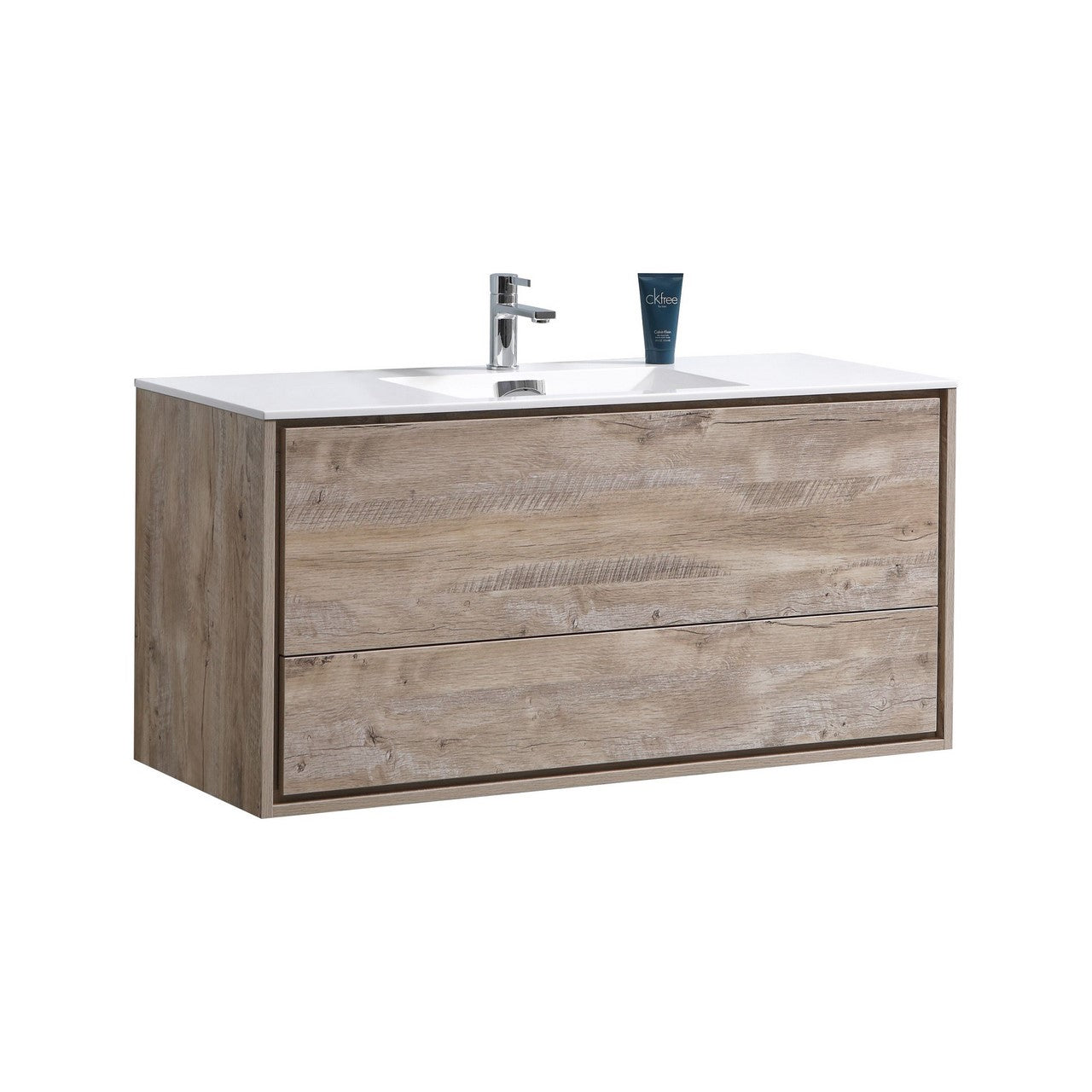 KUBEBATH De Lusso DL48S-NW 48" Single Wall Mount Bathroom Vanity in Nature Wood with White Acrylic Composite, Integrated Sink, Angled View