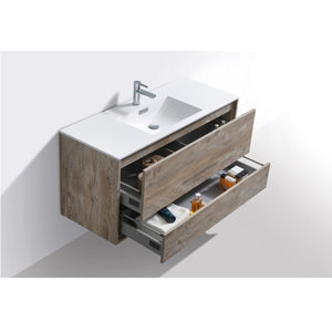 KUBEBATH De Lusso DL48S-NW 48" Single Wall Mount Bathroom Vanity in Nature Wood with White Acrylic Composite, Integrated Sink, Open Drawers