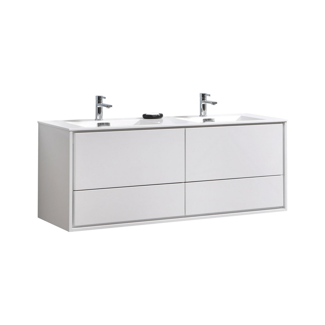 KUBEBATH De Lusso DL60D-GW 60" Double Wall Mount Bathroom Vanity in High Gloss White with White Acrylic Composite, Integrated Sinks, Angled View