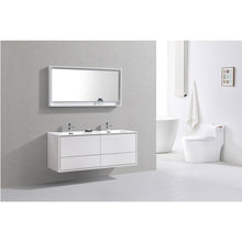 Load image into Gallery viewer, KUBEBATH De Lusso DL60D-GW 60&quot; Double Wall Mount Bathroom Vanity in High Gloss White with White Acrylic Composite, Integrated Sinks, Rendered Angled View