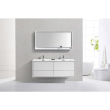Load image into Gallery viewer, KUBEBATH De Lusso DL60D-GW 60&quot; Double Wall Mount Bathroom Vanity in High Gloss White with White Acrylic Composite, Integrated Sinks, Rendered Front View