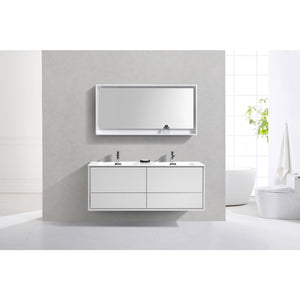 KUBEBATH De Lusso DL60D-GW 60" Double Wall Mount Bathroom Vanity in High Gloss White with White Acrylic Composite, Integrated Sinks, Rendered Front View
