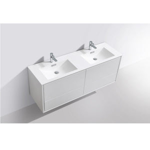KUBEBATH De Lusso DL60D-GW 60" Double Wall Mount Bathroom Vanity in High Gloss White with White Acrylic Composite, Integrated Sinks, Top Angled View