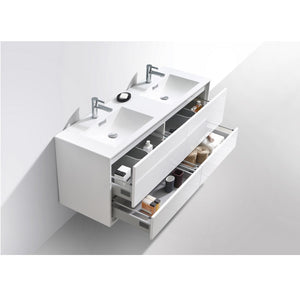 KUBEBATH De Lusso DL60D-GW 60" Double Wall Mount Bathroom Vanity in High Gloss White with White Acrylic Composite, Integrated Sinks, Open Drawers