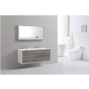 KUBEBATH De Lusso DL60D-HGASH 60" Double Wall Mount Bathroom Vanity in Ash Gray with White Acrylic Composite, Integrated Sinks, Rendered Angled View