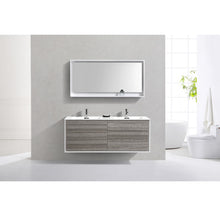 Load image into Gallery viewer, KUBEBATH De Lusso DL60D-HGASH 60&quot; Double Wall Mount Bathroom Vanity in Ash Gray with White Acrylic Composite, Integrated Sinks, Rendered Front View