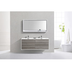 KUBEBATH De Lusso DL60D-HGASH 60" Double Wall Mount Bathroom Vanity in Ash Gray with White Acrylic Composite, Integrated Sinks, Rendered Front View
