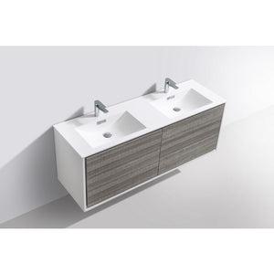 KUBEBATH De Lusso DL60D-HGASH 60" Double Wall Mount Bathroom Vanity in Ash Gray with White Acrylic Composite, Integrated Sinks, Top Angled View