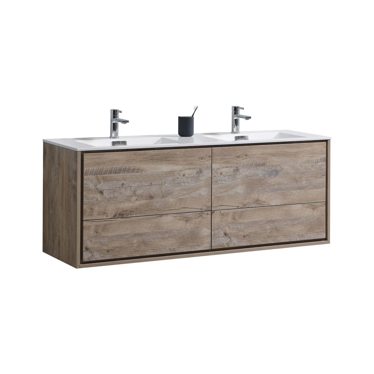 KUBEBATH De Lusso DL60D-NW 60" Double Wall Mount Bathroom Vanity in Nature Wood with White Acrylic Composite, Integrated Sinks, Angled View