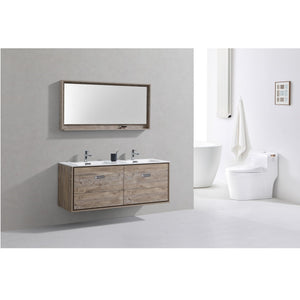 KUBEBATH De Lusso DL60D-NW 60" Double Wall Mount Bathroom Vanity in Nature Wood with White Acrylic Composite, Integrated Sinks, Rendered Angled View