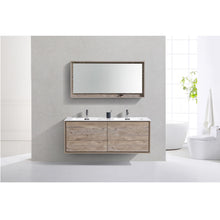 Load image into Gallery viewer, KUBEBATH De Lusso DL60D-NW 60&quot; Double Wall Mount Bathroom Vanity in Nature Wood with White Acrylic Composite, Integrated Sinks, Rendered Front View